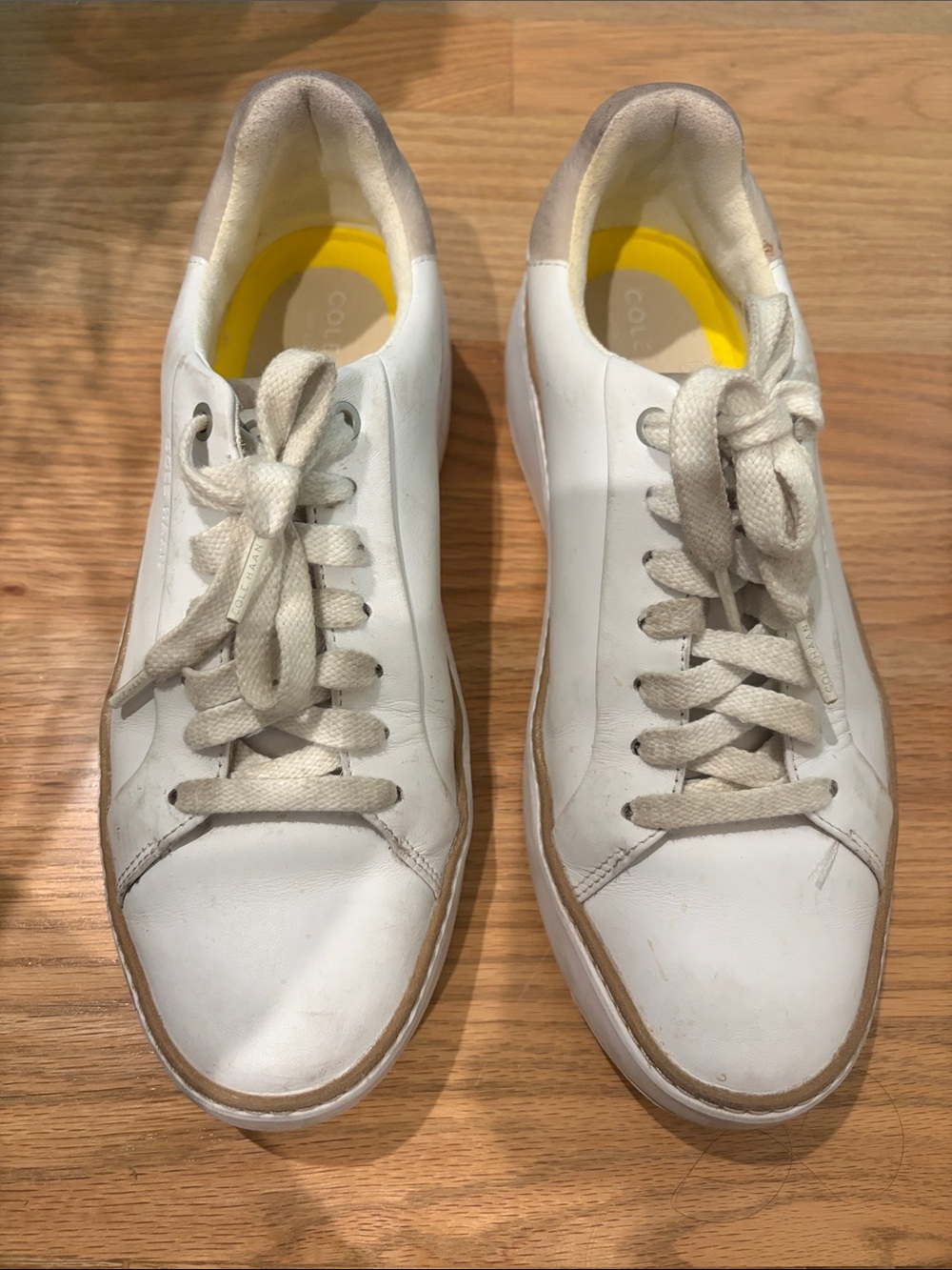 Cole Haan White Leather Sneakers with Beige Heel Accent
